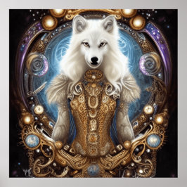 Póster Whimsical steampunk con encanto lobo blanco