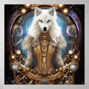 Póster Whimsical steampunk con encanto lobo blanco