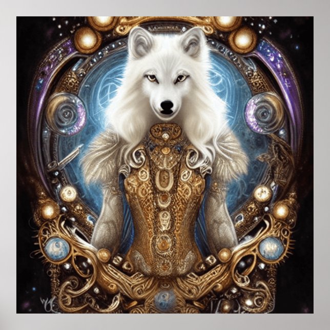 Póster Whimsical steampunk con encanto lobo blanco (Frente)