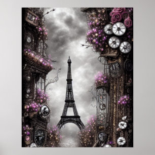 Póster Whimsical Steampunk Fantasy Eiffel Tower Paris