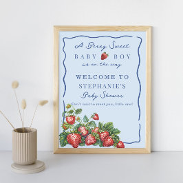 Póster Whimsical Strawberry Blue Baby Shower Welcome Sign