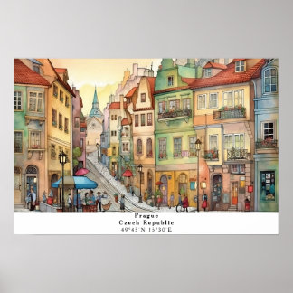Póster Whimsical Street View of Prague AI Art Poster
