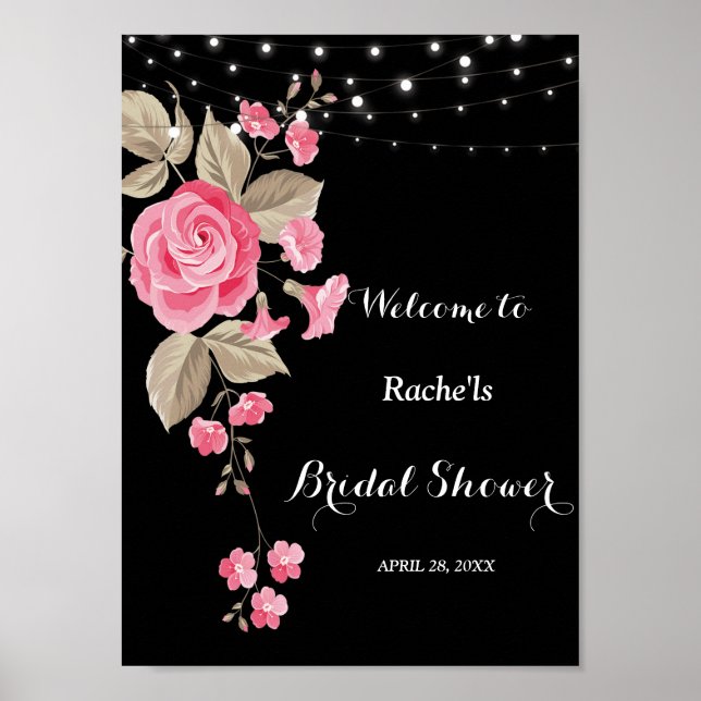 Póster Whimsical String Lights Black Bridal Shower (Frente)