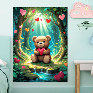 Póster Whimsical Teddy Bear Ilustracion Forestal Mágico