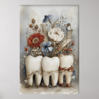 Póster Whimsical Three Teeth Print, Floral Tooth Nursery