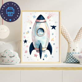 Póster Whimsical Watercolor Rocket Ship con estrellas Pas