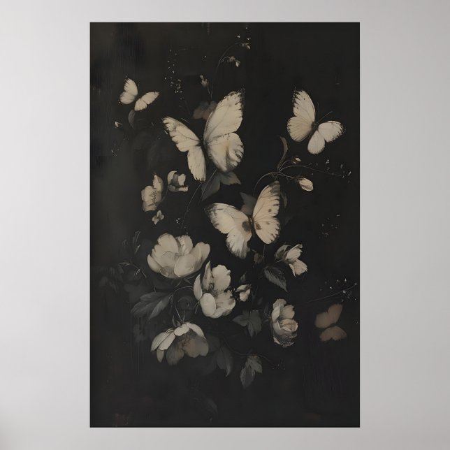 Póster Whimsical White Butterflies and Flowers Dark (Frente)