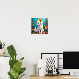 Póster Whimsical White Kitten Garden