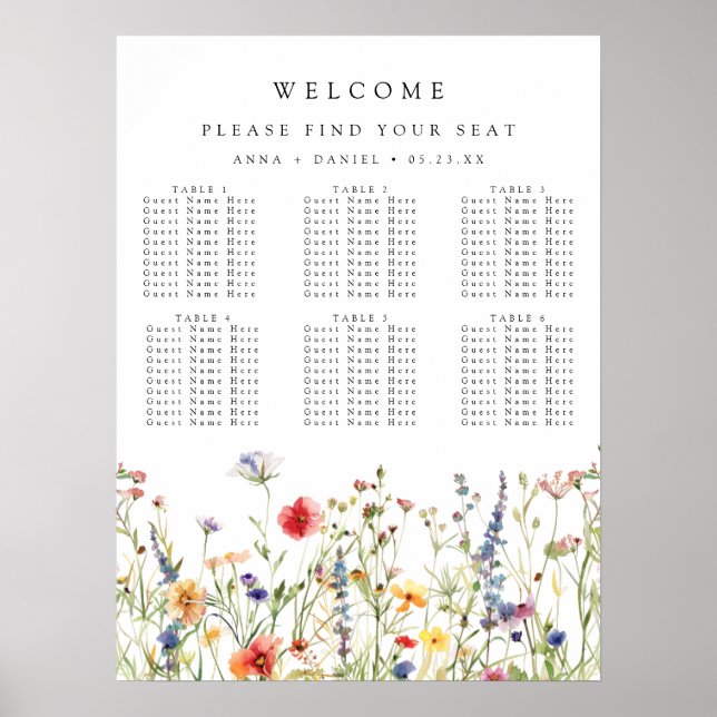 Póster Whimsical Wildflower Wedding Seating Chart (Frente)