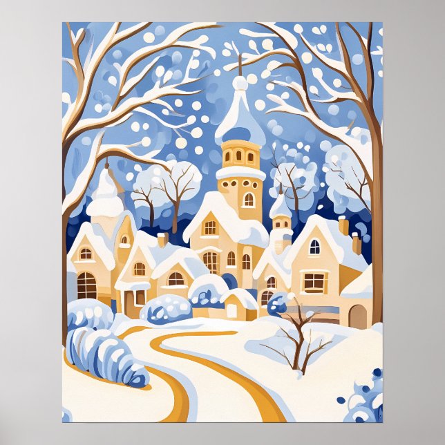 Póster Whimsical Winter Village con Torres Nevadas (Frente)