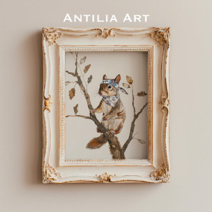 Póster Whimsical Woodland Animal Pintando ardilla Rústica