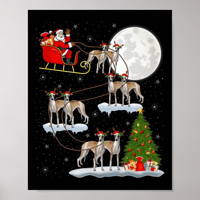 Póster Whippet Dog Santa Sleigh Flying Funny Magical Chri (Frente)
