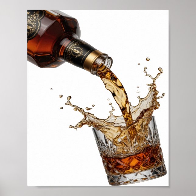 Póster Whisky plateado ingenioso que se vierte en un vaso (Frente)
