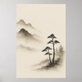 Póster Whispers of Mist: Ink-Wash Mountain Tranquility
