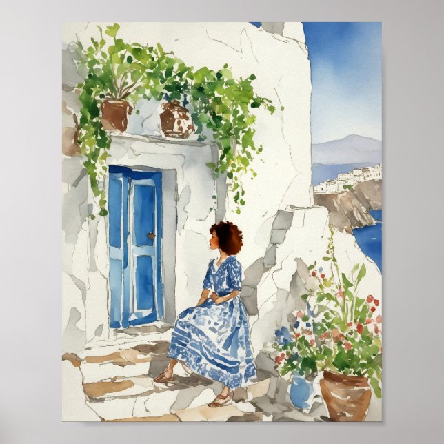 Póster Whispers of the Aegean Santorini Watercolor (Frente)