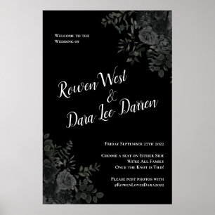 Póster White and Black Rose Gothic Wedding Ceremony Sign