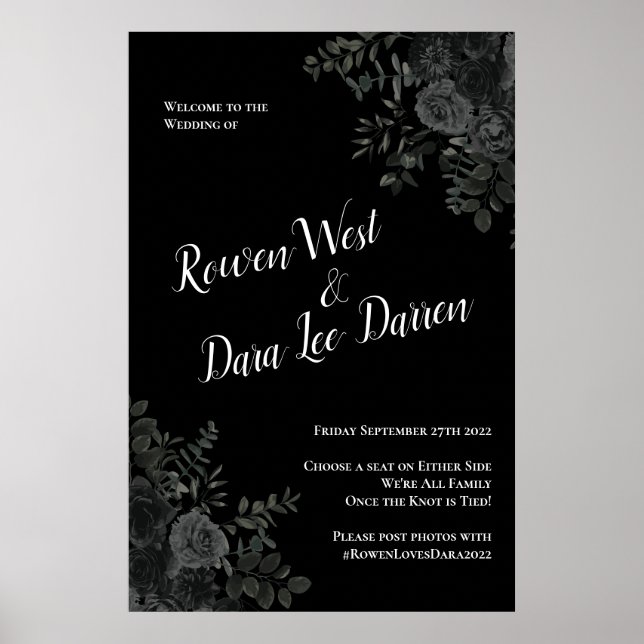 Póster White and Black Rose Gothic Wedding Ceremony Sign (Frente)