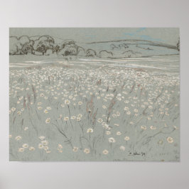 Póster White and blue flower field vintage art print