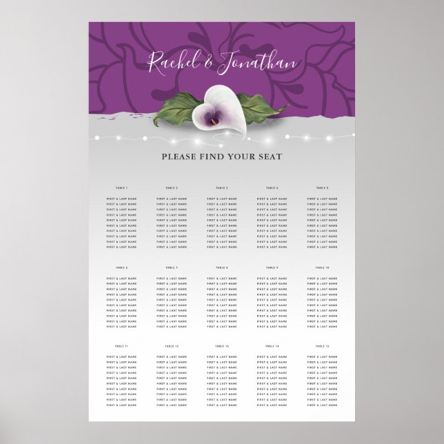 Póster White and Purple Calla Lily Wedding Seating Charts (Frente)