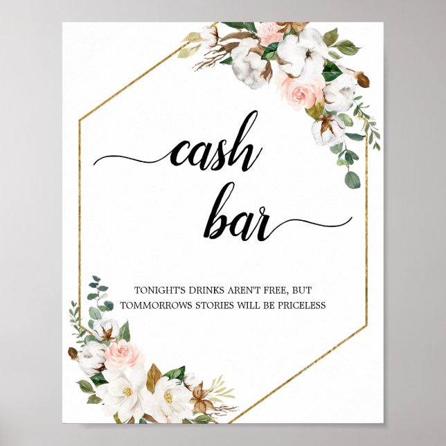Póster White Blush Magnolia Floral Frame Cash Bar Sign (Frente)