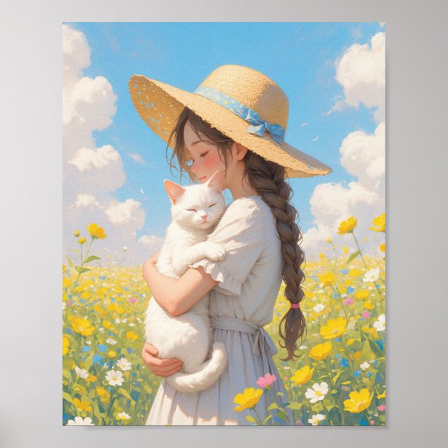 Póster White Cat and Girl Anime (Frente)