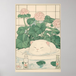 Póster White Cat Bathtub Print, Ukiyo-e Japanese Art