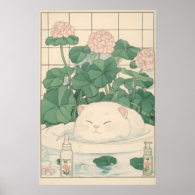 Póster White Cat Bathtub Print, Ukiyo-e Japanese Art (Frente)
