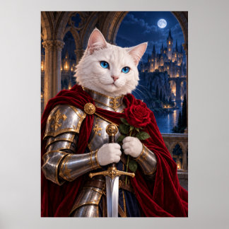 Póster White Cat Knight with Red Rose Fantasy Art Poster