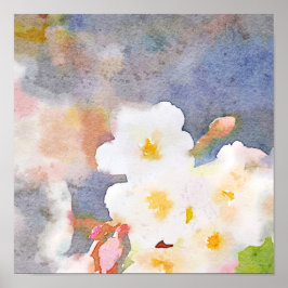 Póster White Cherry Blossoms Digital Watercolor Painting