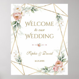 Póster White Dusty Rose Floral Gold Greenery Wedding Sign