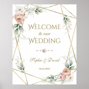 Póster White Dusty Rose Floral Gold Greenery Wedding Sign