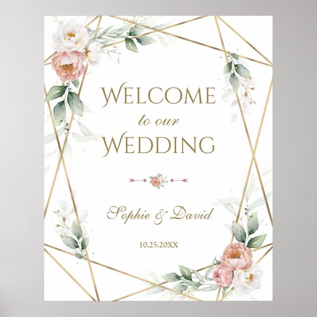 Póster White Dusty Rose Floral Gold Greenery Wedding Sign (Frente)