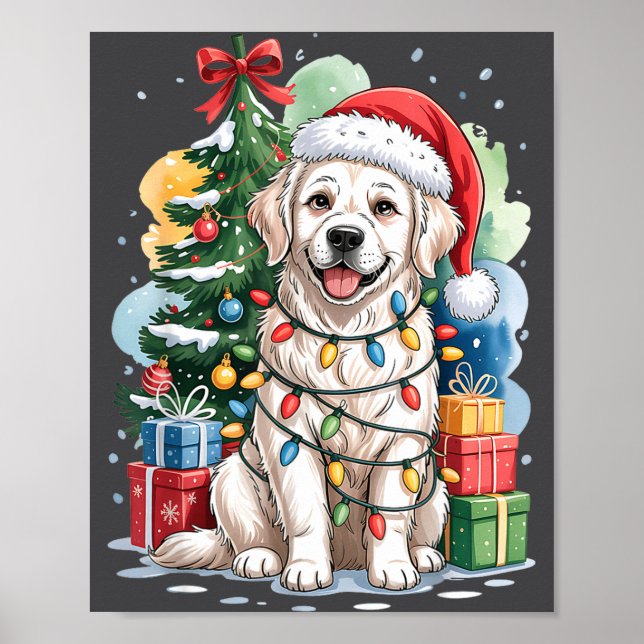 Póster White English Golden Retriever Santa Hat Christmas (Frente)