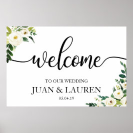 Póster White Floral Greenery Wedding Welcome Sign Poster