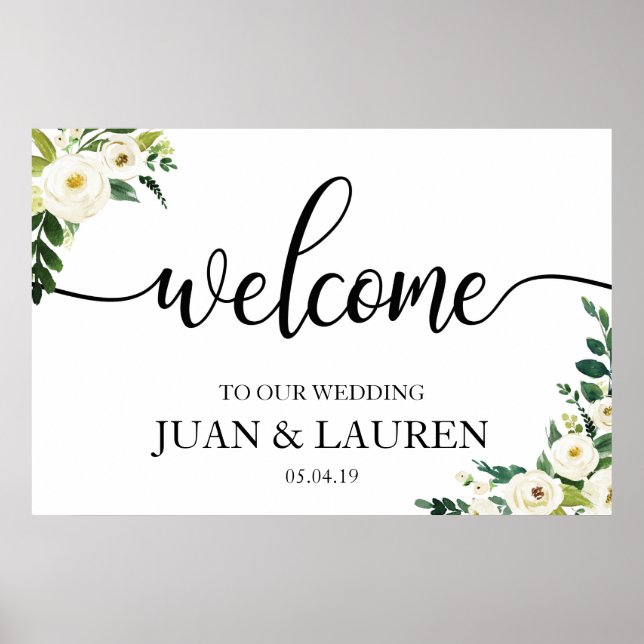 Póster White Floral Greenery Wedding Welcome Sign Poster (Frente)