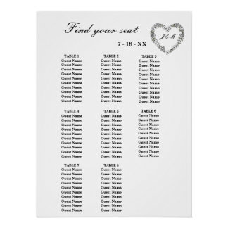 Póster White Floral Heart 8 Table Wedding Table Setting