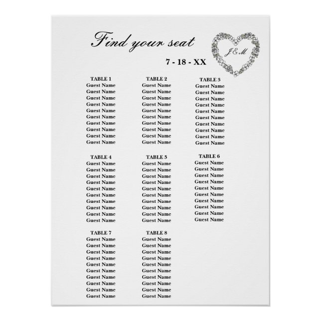 Póster White Floral Heart 8 Table Wedding Table Setting (Anverso)