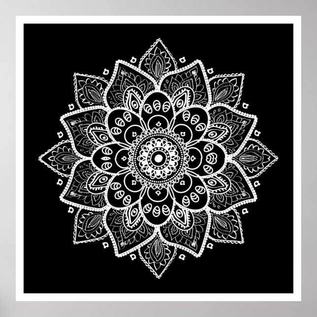 Póster White Floral Mandala On Black (Frente)