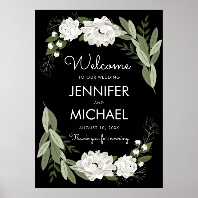 Póster White Floral Wedding Sprigs Welcome Poster