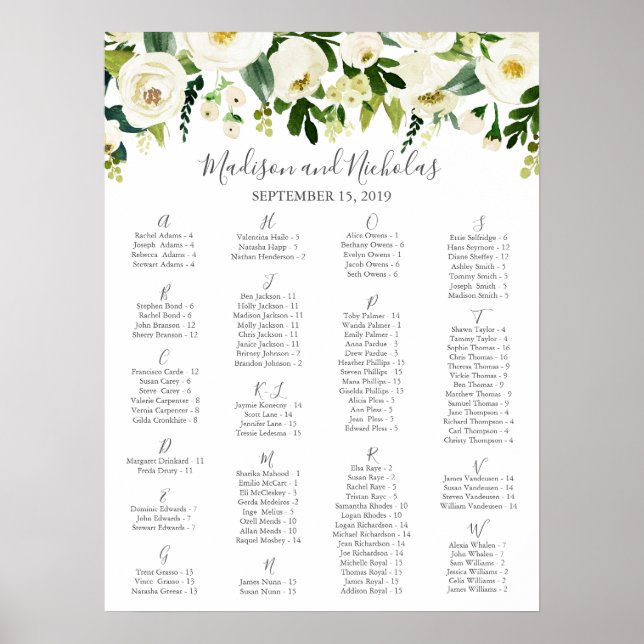 Póster White Flower and Green Alphabetical Seating Chart (Frente)