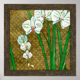 Póster White Flowers and Green Stems on Brown Border