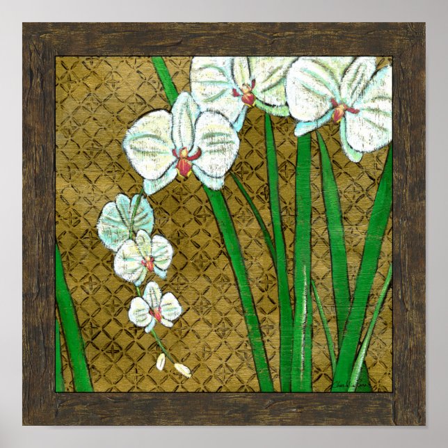 Póster White Flowers and Green Stems on Brown Border (Frente)