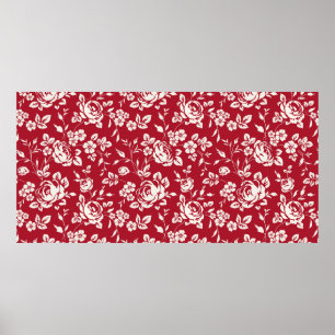 Póster White flowers silhouette on red background. Seamle