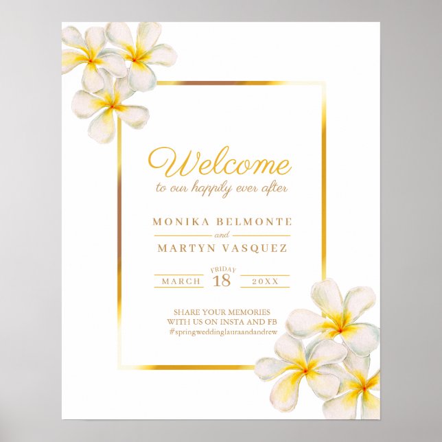 Póster White frangipani tropical wedding welcome poster (Frente)