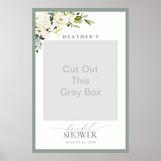 Póster White Gray Green Floral Bridal Shower Photo Booth (Frente)