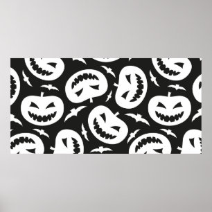 Póster White halloween pumpkins and bats isolated on blac