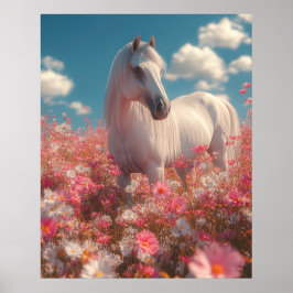 Póster White Horse in a Field of Blossoms 