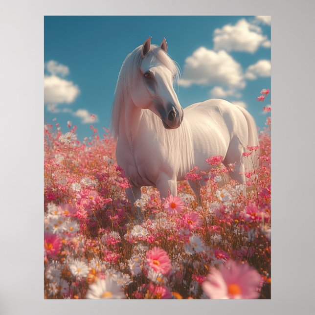 Póster White Horse in a Field of Blossoms  (Frente)