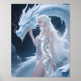 Póster White Ice Dragon Queen Fantasy Silver Blue