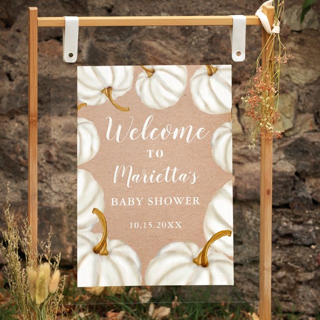 Póster White Little calabaza kraft bienvenida a la bebé d (White Little pumpkin kraft welcome baby shower Poster)
